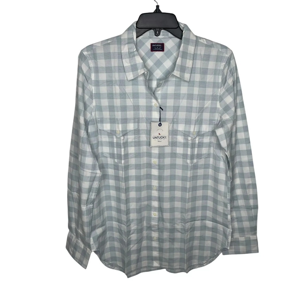 UNTUCKIT NWT Woman's 0 Santa Marzi Blue White Check Buttondown Cotton/Spandex